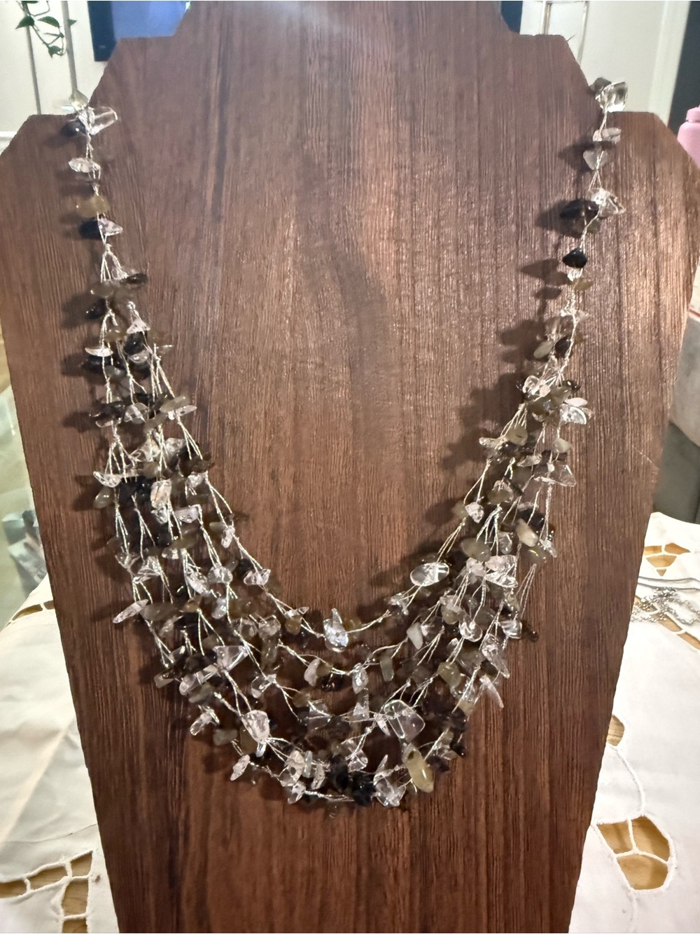 Lucoral Sterling  silver Labradorite, Smoky Quartz Multi Strand chip necklace